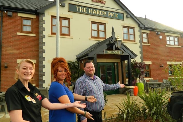 Hungry Horse pub the Hardy Pick, in Broadfield Close, Heeley, Sheffield has a name which relates to the area's industrial heritage. The Hardy Patent Pick Co dates back to the 19th century and made agricultural, mining and quarrying tools and drills. Pictured are team member Bev Kidd, assistant manager Lauren Riley and manager Andy Noon outside the pub when it opened in February 2015