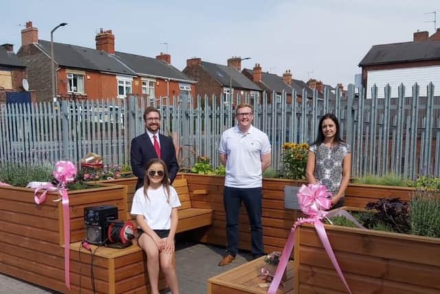 Alana Habergham-Rice at the opening of her Friendly Bench, with MP Alexander Stafford MP,  Councillor Dominic Beck and Wales High School assistant head and mental health advocate Charlotte Cooper