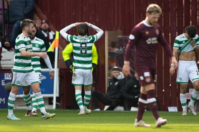 Stephen Kingsley cuts a dejected figure to sum up Hearts’ day as Furuhashi celebrates his goal in Gorgie.