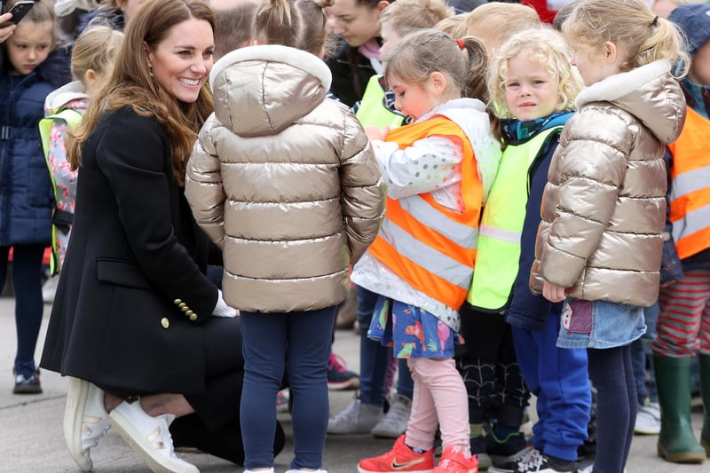 Countess of Strathearn speaks with young children as she visits local fishermen and their families to hear about the work of fishing communities with Prince William on day six of their week long visit to Scotland on May 26 in Fife, Scotland.