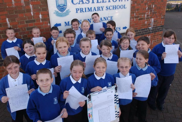 Pupils at Castletown Primary School wrote letters in 2007 to urge drivers to reduce their speed. Is there someone you know in this photo?