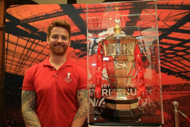 The Rugby League World Cup when it was on show at Sheffield Town Hall, pictured with player James Simpson