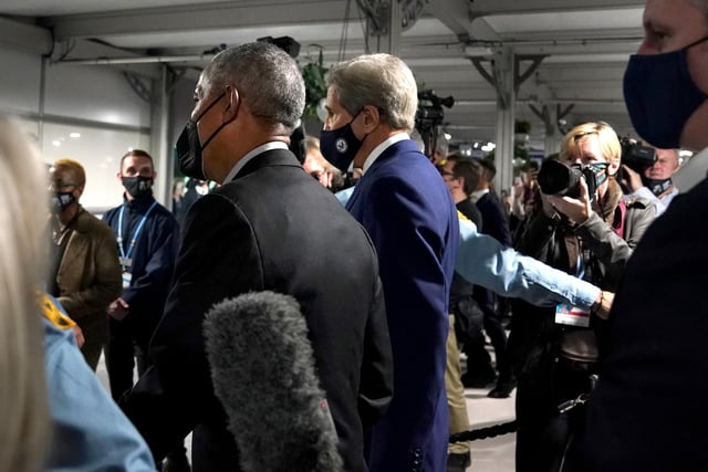 Former US president Barack Obama (left) and US Special Presidential Envoy for Climate, John Kerry, attending the Cop26 summit at the Scottish Event Campus (SEC) in Glasgow.