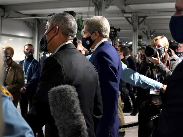 Former US president Barack Obama (left) and US Special Presidential Envoy for Climate, John Kerry, attending the Cop26 summit at the Scottish Event Campus (SEC) in Glasgow.