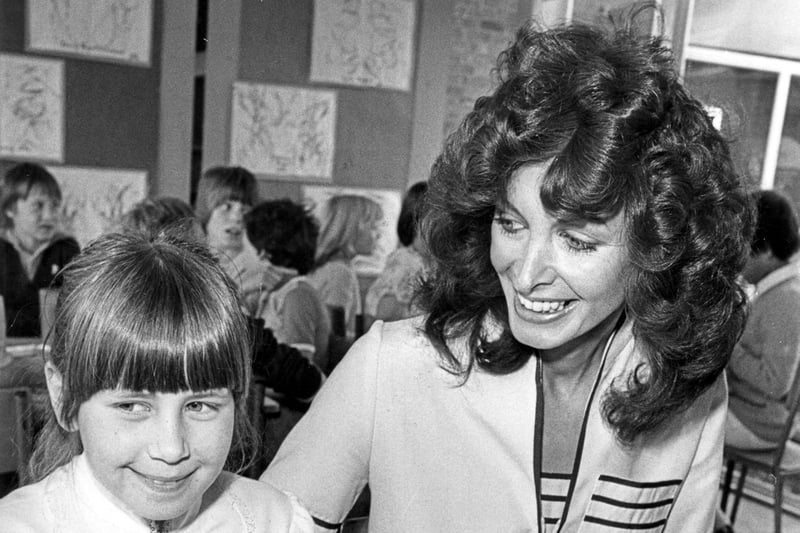 Much-loved Sheffield comedian and TV star Marti Caine enjoying lunch at Lowedges Junior School, where she was invited by young fan Tina Wild in 1982