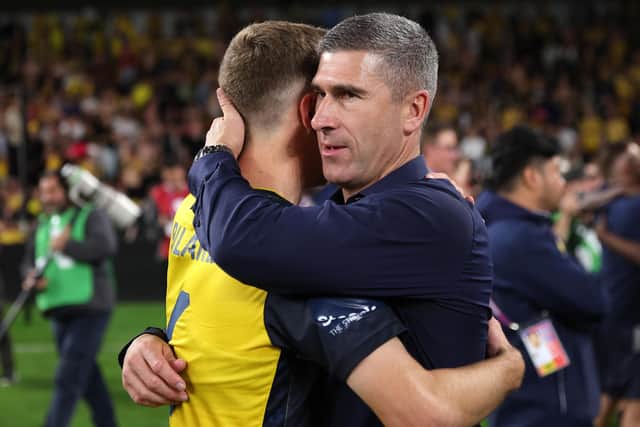 SYDNEY, AUSTRALIA - JUNE 03:  Mariners head coach Nick Montgomery celebrates with Maximilien Balard of the Mariners after winning the 2023 A-League Men's Grand Final match between Melbourne City and Central Coast Mariners at CommBank Stadium on June 03, 2023, in Sydney, Australia. (Photo by Mark Kolbe/Getty Images)