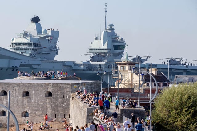 HMS Queen Elizabeth leaves Portsmouth. View from Square Tower, Old Portsmouth. Picture: Habibur Rahman