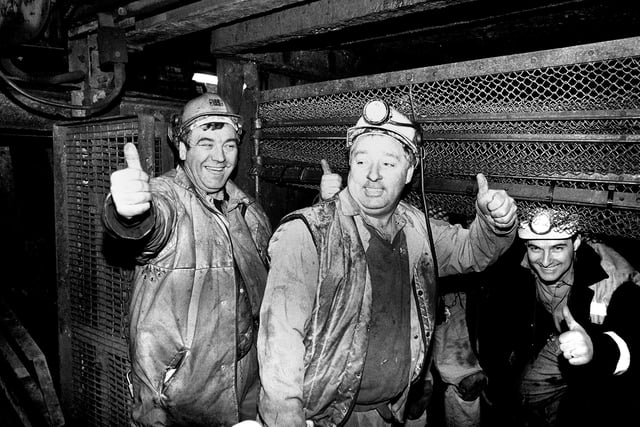 Happy miners returning to work in 1994