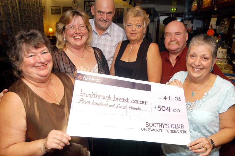 Mansfield's Boothy's Club and the Unsworth Fundraisers raised £504 for Breakthrough Breast Cancer from a Pink Party and a motown event held at Kirkby's Festival Hall. Pictured from the left; Jenny Booth owner of Boothy's Club, Landlady Annette King and Unsworth Fundraisers Steve and Elaine Hollingsworth and Dave and Jenny Unwin.