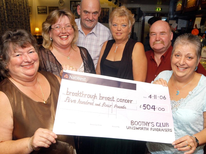 Mansfield's Boothy's Club and the Unsworth Fundraisers raised £504 for Breakthrough Breast Cancer from a Pink Party and a motown event held at Kirkby's Festival Hall. Pictured from the left; Jenny Booth owner of Boothy's Club, Landlady Annette King and Unsworth Fundraisers Steve and Elaine Hollingsworth and Dave and Jenny Unwin.