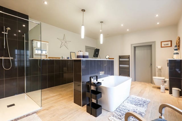 This spacious bathroom has a contemporary tub and walk-in shower
