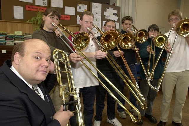 US master Don Lucas pictured with young trombonists at a trombone masterclass at High Storrs School.  Pictured left to right: Emily Fawcett, Craig Wolstenhome, Julian Hepple, Joel Jackson, Mark Biggins and Rowan Thompson, June 15, 2000