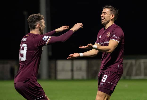 Hearts' Ollie Lee (right) celebrates his second goal during a Betfred Cup match between East Fife and Hearts at Bayview Stadium, on November 10, 2020, in Methil, Scotland.  (Photo by Ross Parker / SNS Group)