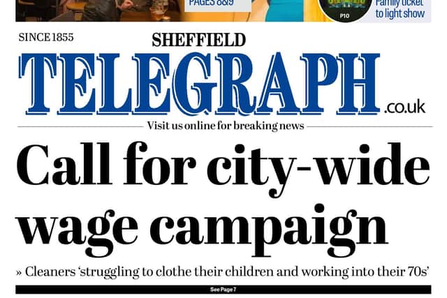 Sheffield Telegraph front page supporting the campaign for a £10/hour wage for university cleaners.
