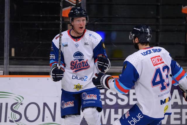 Dundee Stars celebrate scoring in their win over Sheffield Steelers in midweek. Picture: Dean Woolley