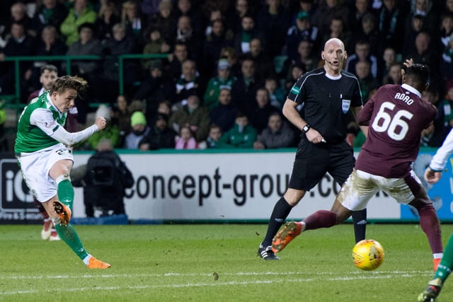 A touch on the knee followed by an angled drive from 20-plus yards into the far corner gave Hibs the lead in this 2-0 Edinburgh derby victory.