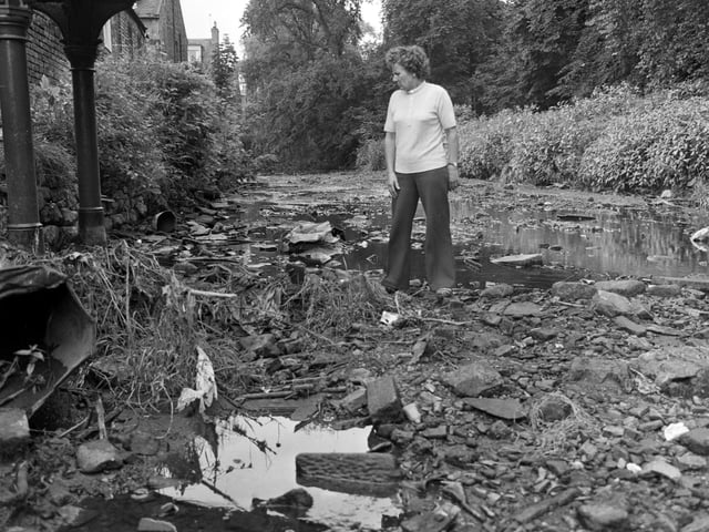 A woman looks at the debris and rubbish left behind at the Canonmills Colonies when the Water of Leith dried up during the drought of July 1978.