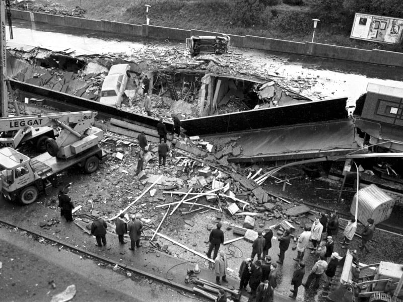 A section of the road at Clarkston Toll in Glasgow, after a faulty gas main exploded killing 20 shoppers and injuring hundreds in October 1971.