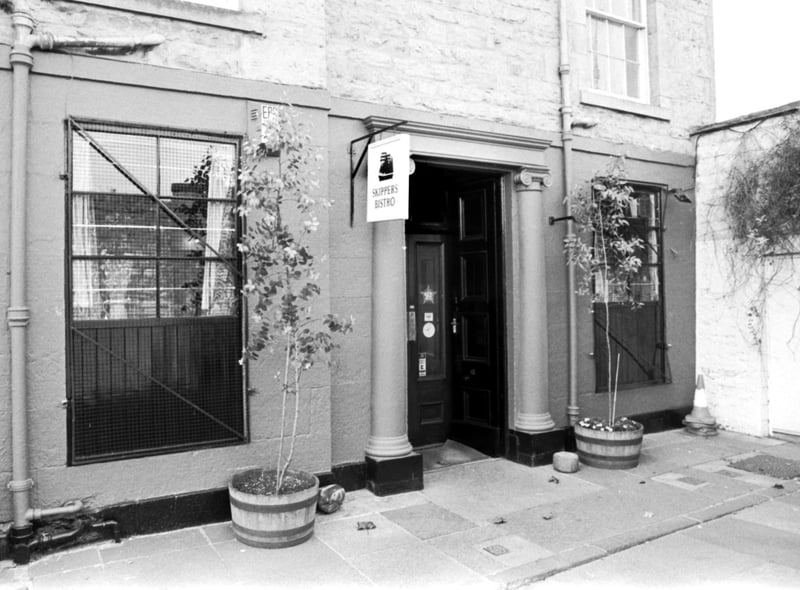 Exterior of legendary seafood restaurant Skippers bistro in Dock Place, Leith, September 1992.