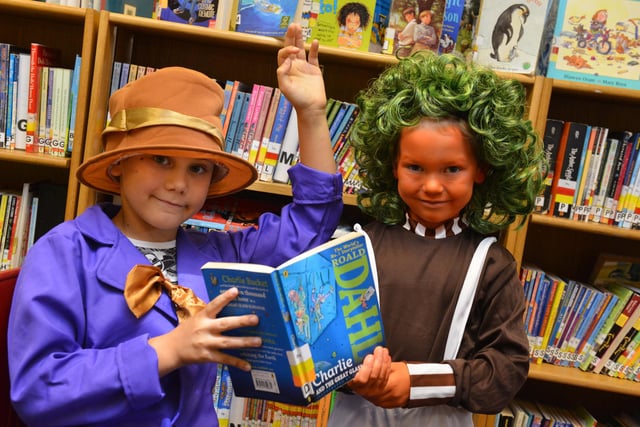 Robbie Bentham, 9, and Katie Watson, 5, got right into the spirit of a 2016 celebration of Roald Dahl costumes at Fatfield Academy.