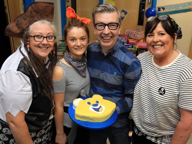 Bake it Better Day at The Sheffield Children's Hospital with Howard Middleton, a former contestant from the Great British Bake Off. Howard is pictured in Out Patients with Jo Wood, Katie Farrell, and Donna Webster-Payne