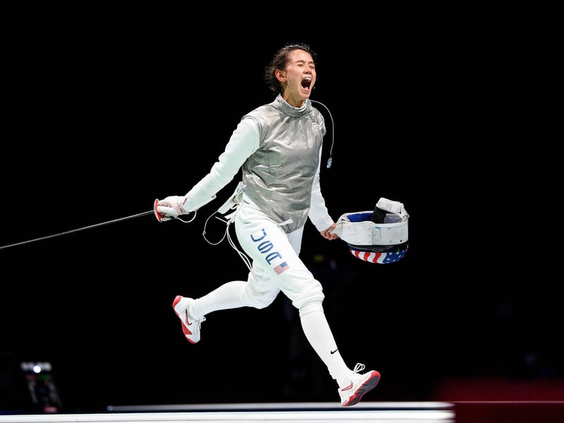 Lee Kiefer of Team United States celebrates after winning the Women's Foil Individual Fencing semifinal
