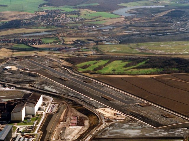The aerial shot of Sheffield Airport's runway in 1997