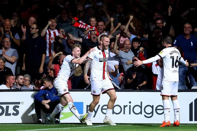 Oli McBurnie of Sheffield United celebrates his goal at Luton Town: Catherine Ivill/Getty Images