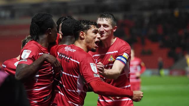 Rovers celebrate after Joseph Olowu's winner against Shrewsbury Town