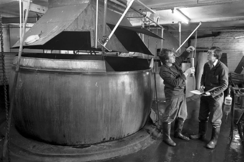 The Lorimer & Clark in Slateford Edinburgh, the last beer brewery to use coal-fired coppers in Britain, February 1984.