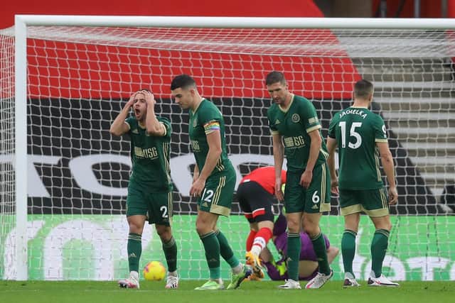 George Baldock of Sheffield Utd shows his agony as the second goal is deflected into the net during the Premier League match at St Mary's Stadium, Southampton.   David Klein/Sportimage