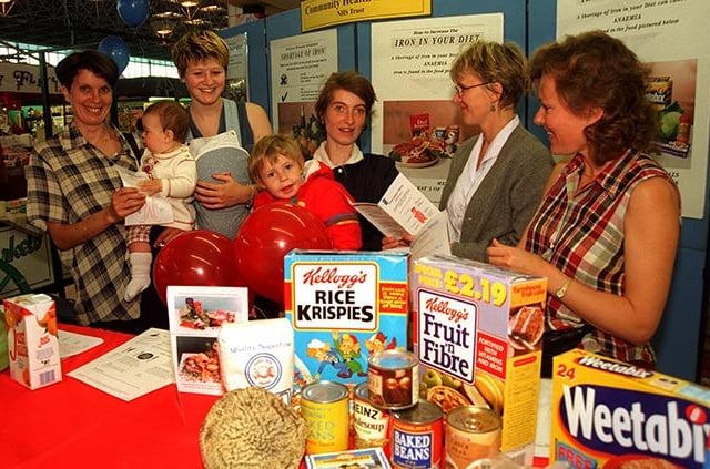 The Community Health held an Iron Deficiency Awareness Day at Sheffield's Sheaf Market. Seen, left to right, are, Wendy Eggleton with Lauren, Michaela Swindells, Joanne Savage with Dale, Val Naylor, dietitian, and Chris Gash, a health visitor, on September 17, 1996