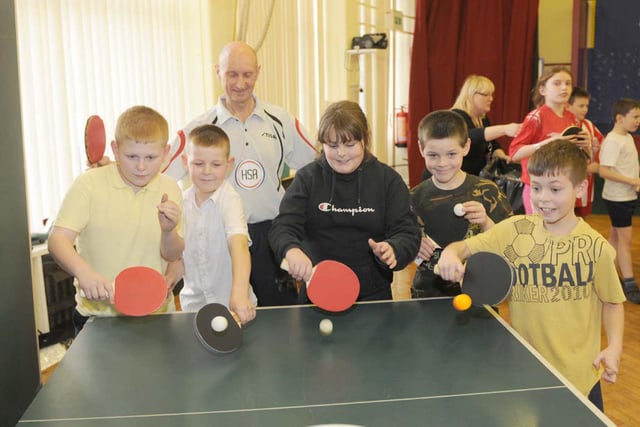 Alan Hind of Hartlepool Table Tennis Club pictured with Golden Flatts Primary school pupils (left to right) Mark Ellis-Smith, Brandon Bunce, Elly Whitelock, Jamie Dalkin and Kieran Dunning. Remember this from nine years ago?