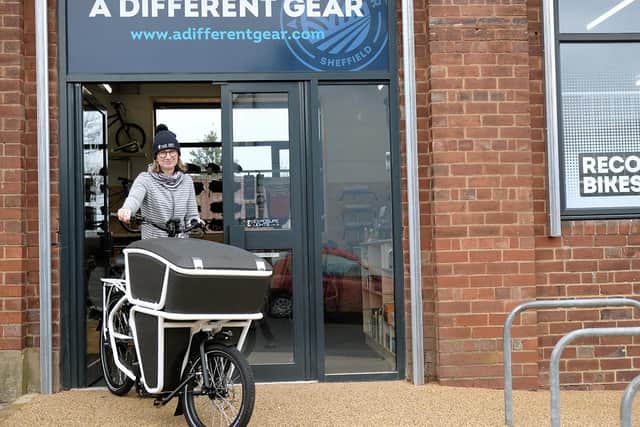 Cycling projects manager Angela Walker with one of the e-cargo bikes at A Different Gear, Heeley