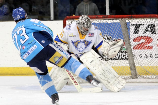 Garrett Zemlak saves from Owen Fussey in a shoot-out - Zemlak was the club's starting netminder in their first season in the Elite League in 2011-12 (Pic: Steve Gunn)