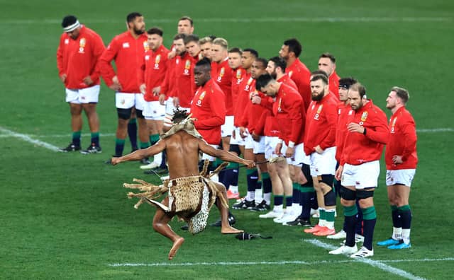 The British & Irish Lions team are challenged by a Zulu warrior prior to the second Test match defeat by South Africa in Cape Town. Picture: David Rogers/Getty Images