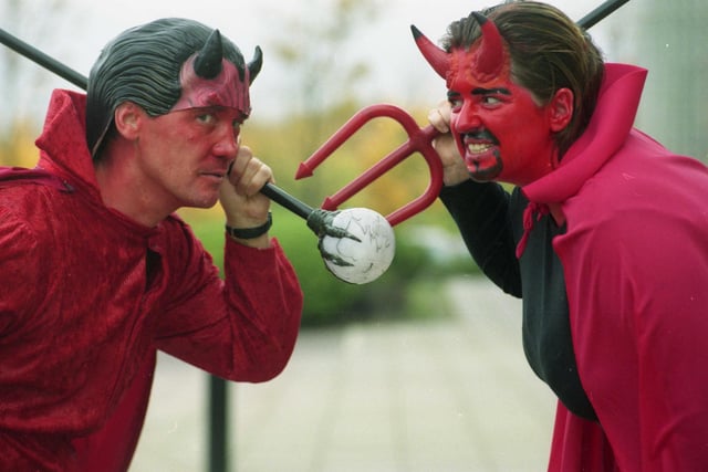 Alan Storey and Nicola Miley were pictured as devils during a fundraising event at London Electricity at Doxford Park in 1992.