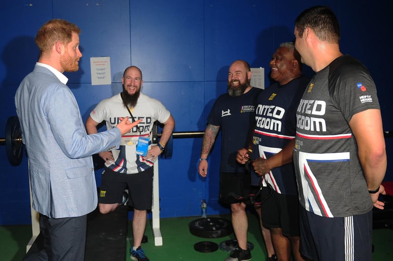 The Duke of Sussex Prince Harry meets some of the power lifting triallists for the Invictus Games