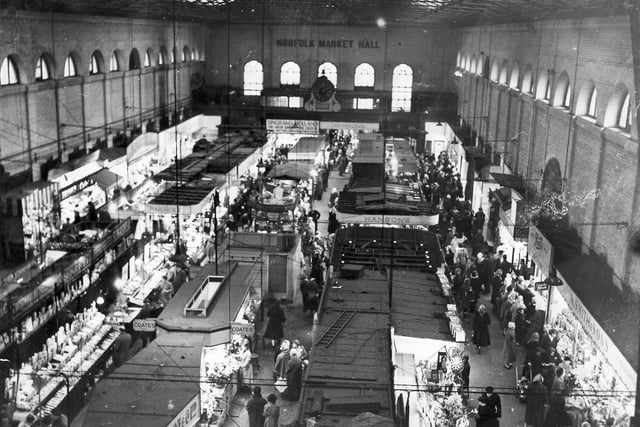 An interior view of the Sheffield Norfolk Market Hall (1851-1959)