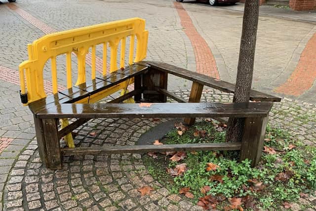 David Lipka's picture of a tree in Upperthorpe precinct, Sheffield. He said a resident put the bench in place to protect the tree from damage by motorists but it was removed