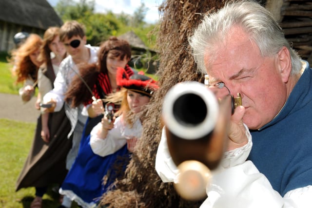 Time Bandit's John Saddler takes aim, whilst coming under attack from Pirates at Bedes World, Jarrow in 2012.