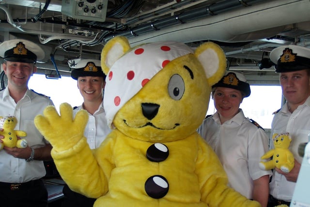 2007. Pudsey was on HMS Richmond.
Officers from HMS Richmond with Pudsey Bear on the ship's bridge.
Caption left to right:  Lieutenant Nick Stratton, Sub Lieutenant Rebecca Parker-Carn, Surgeon Lieutenant.
Clare Hughes, Lieutenant John Skinner.