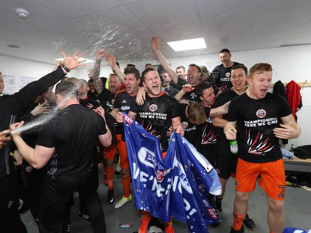 Sheffield United's players celebrate promotion from League One at Northampton - Pic Simon Bellis/Sportimage