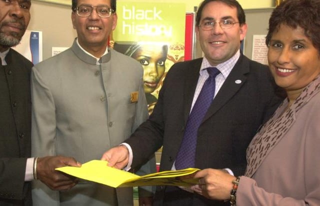 Black History Week in Doncaster 2003. Professor Gus John, Amit Bhadhuri, Cllr Winter and Trish Campell.