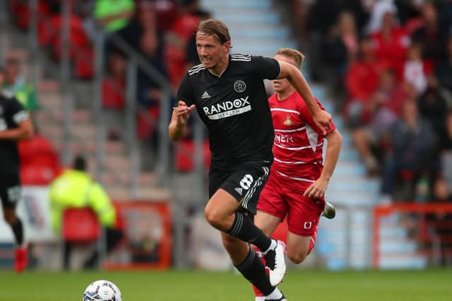 Sander Berge of Sheffield United  during the friendly match at the Keepmoat Stadium: Simon Bellis / Sportimage