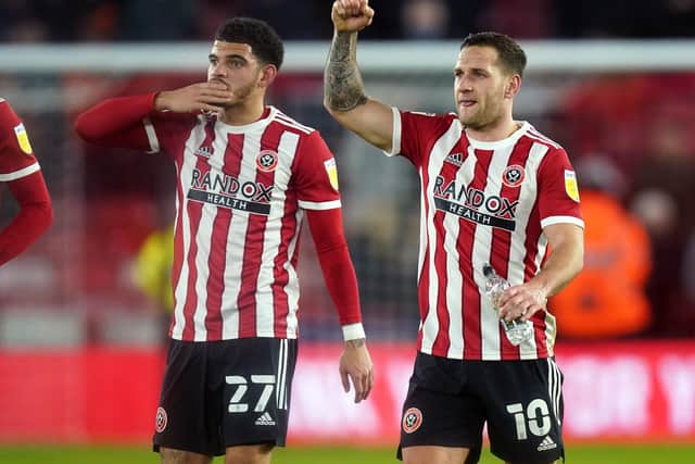 Sheffield United's Morgan Gibbs-White and Billy Sharp reacts after the final whistle following the Sky Bet Championship match against West Bromwich Albion: Mike Egerton/PA Wire.