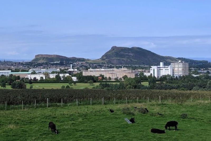 The Tower has views over fields to Edinburgh city centre and Arthur's Seat.