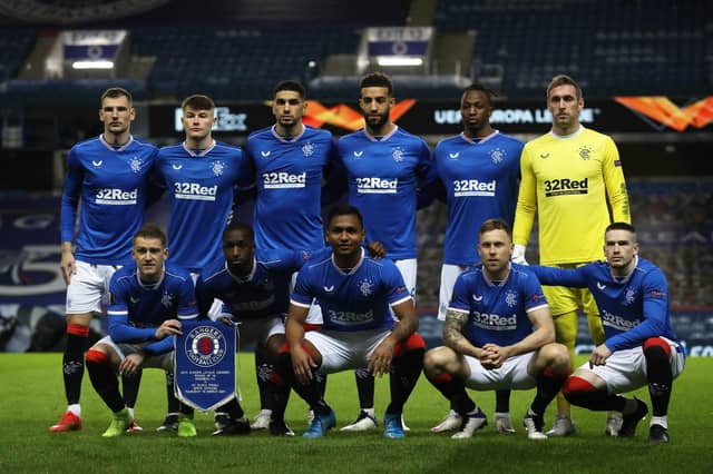 Rangers pose prior to the UEFA Europa League Round of 16 Second Leg match between Rangers and Slavia Praha at Ibrox Stadium on March 18, 2021. (Photo by Ian MacNicol/Getty Images)