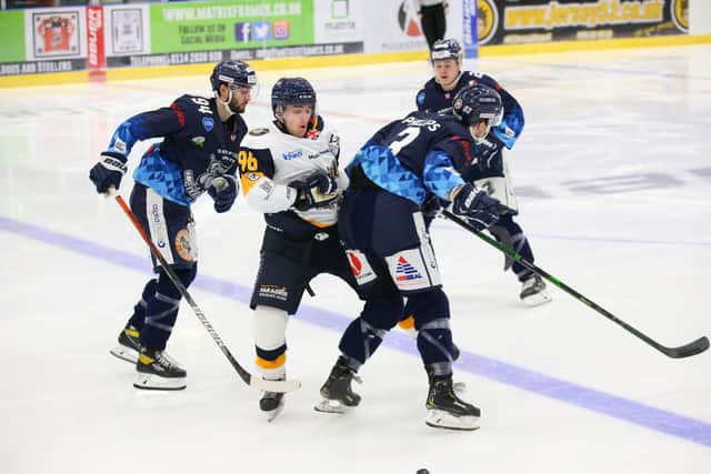 Liam Kirk, left, in action for Steeldogs v Raiders. Pics courtesy of Podium Prints