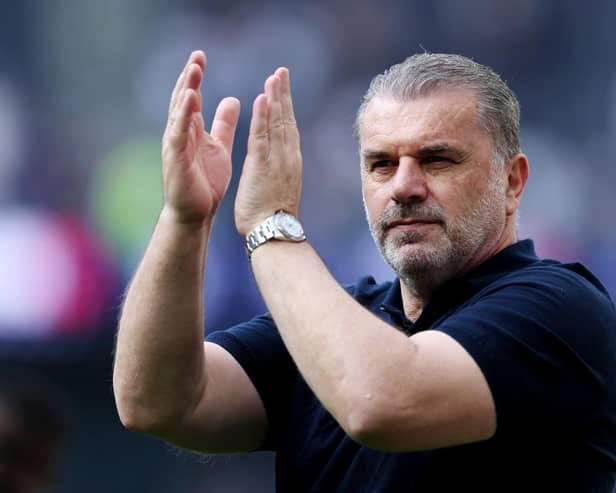 LONDON, ENGLAND - MAY 11: Ange Postecoglou, Manager of Tottenham Hotspur, applauds the fans after the Premier League match between Tottenham Hotspur and Burnley FC at Tottenham Hotspur Stadium on May 11, 2024 in London, England. (Photo by Bryn Lennon/Getty Images)